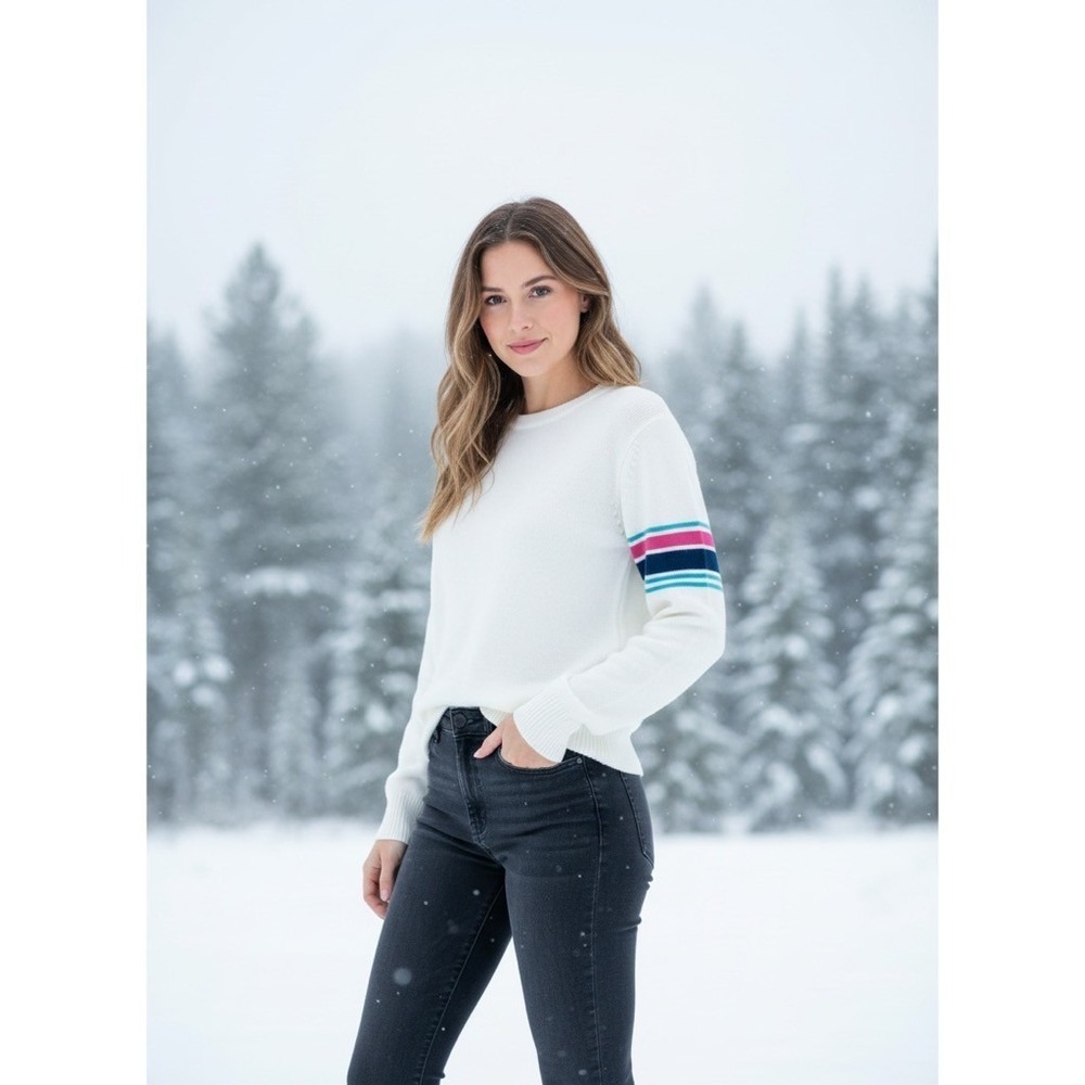 Vintage MEISTER White Stripe Sleeves Sweater Pullover Knit Sporty Outdoors Small